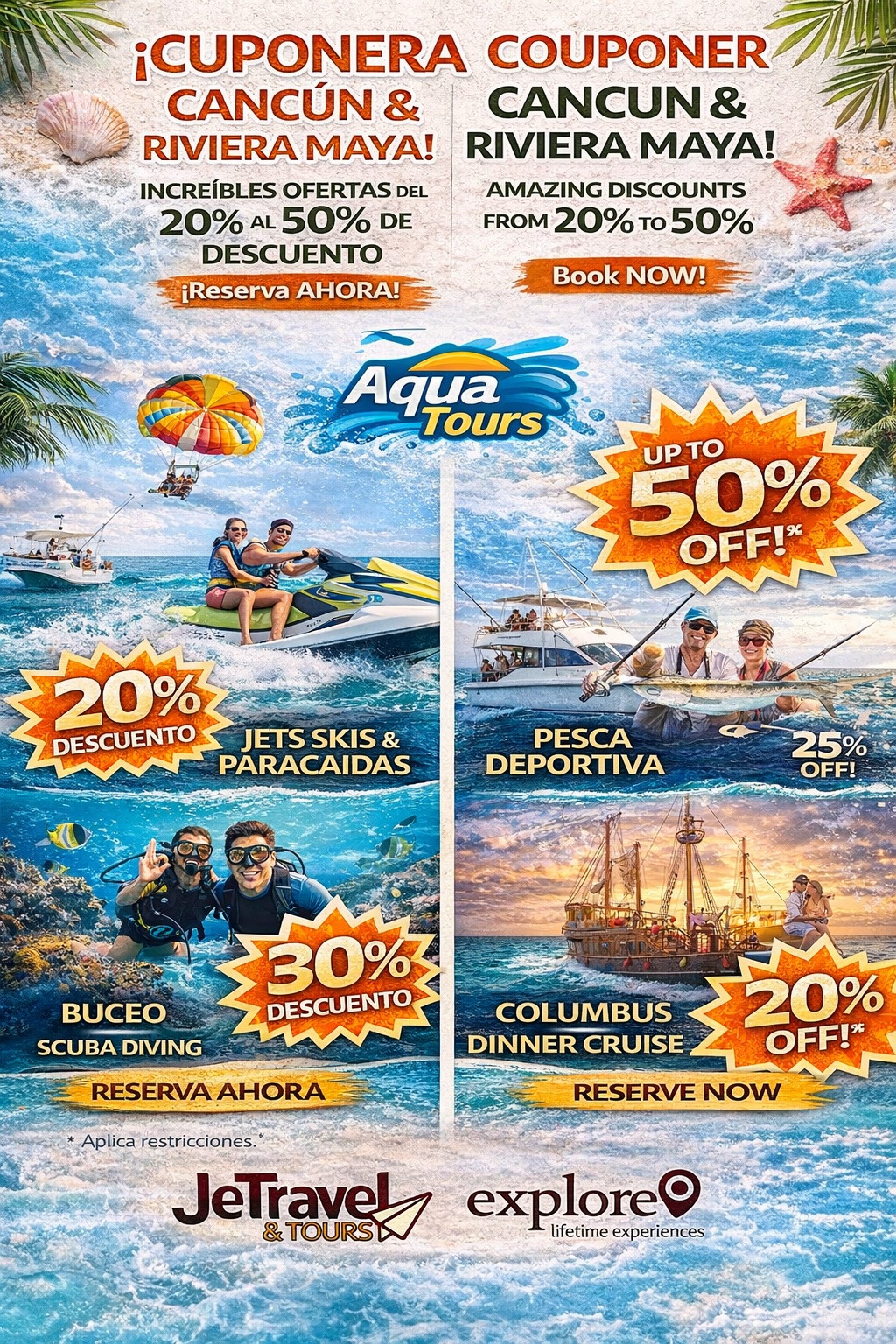 🇪🇸 Precios con descuentos del 10% al 60%, sujetos a disponibilidad, clima y operación del proveedor. Es obligatorio reservar previamente vía Call Center, WhatsApp o en línea y realizar el pago para garantizar el espacio. Preséntate puntualmente en el punto de salida y sigue las instrucciones. Explore, Nextination y Xiiktec.com actúan como facilitadores y no son responsables de la operación del servicio. Uso: Activa tu cupón, sigue las instrucciones y reserva con nosotros: 📞 +52 1 998 189 5247 / +52 1 998 109 7321 / +52 1 998 195 6790
🇺🇸Discounts from 10% to 60%, subject to availability, weather, and provider operation. Advance reservation via Call Center, WhatsApp, or online and payment are required. Arrive on time and follow instructions. Explore, Nextination, and Xiiktec.com act as facilitators and are not responsible for service execution. Use: Activate your coupon, follow instructions, and book with us: +52 1 998 189 5247 / +52 1 998 109 7321 / +52 1 998 195 6790