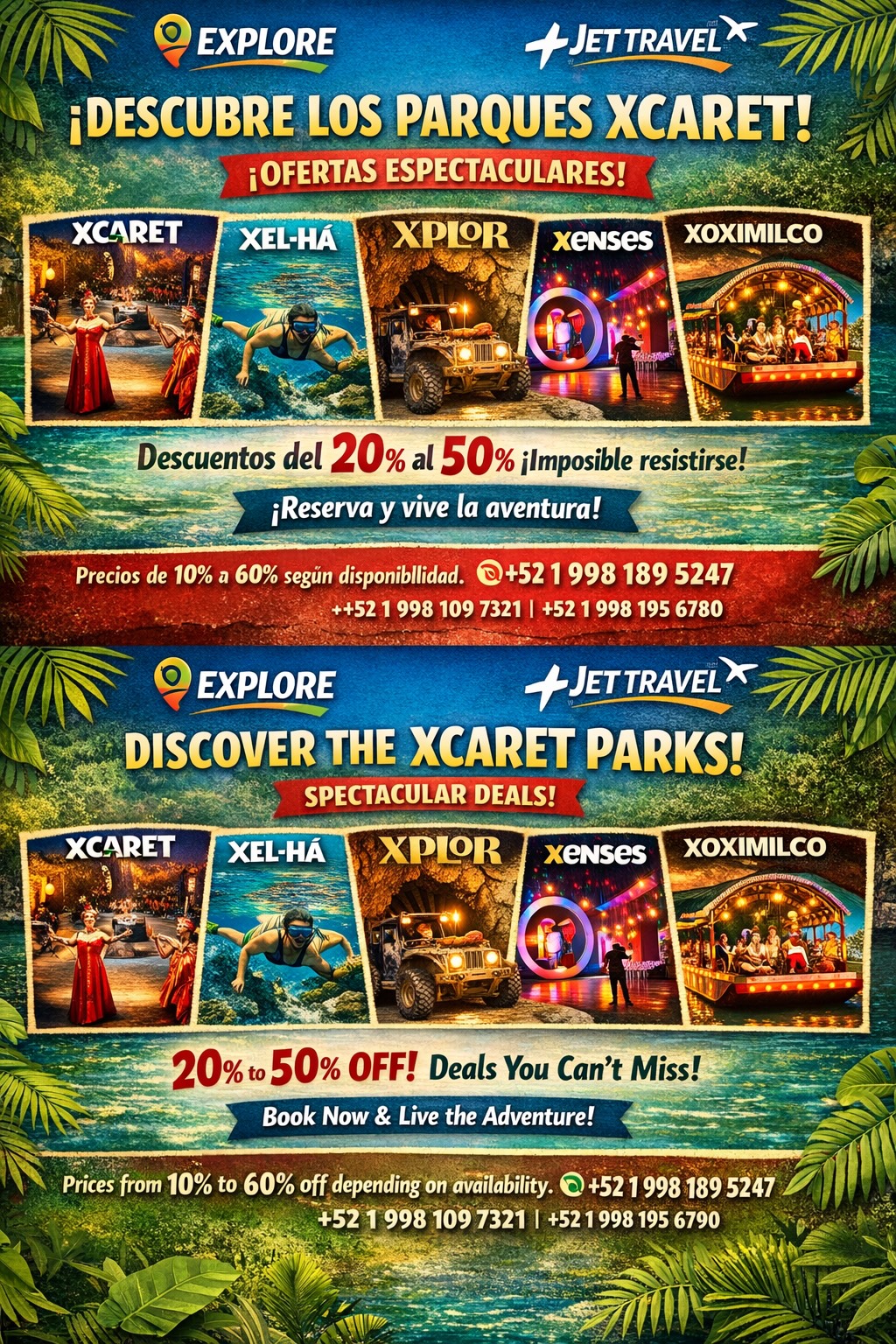MENOR XCARETPLUS–EXPERIENCIA PARK ONLY actividades y atracciones en un solo lugar:Ríos subterráneos,Playa,caletas snorkel,arrecife coralino,Aviario mariposario,Pueblo mexicano espectáculos culturales,Show nocturno México Espectacular,Áreas de descanso NO transportación.incluye comida&SHOW buffet.XCARETPLUS–ALL- Experience Mexico’s most impressive park with adventure full of nature,culture.Enjoy activities and attractions in one place: Underground rivers,Beaches,coves&snorkeling,Coral reef aquarium,Aviary butterfly pavilion,Mexican village&cultural,Night show México Espectacular. breathtaking nature Round-trip transportation NOT INCLUDED.XcaretPlus includes buffet. MANDATORIOCALL/LLAMAR FOR/PARA TICKET 📞 Reservations & Info:+52 998 189 5247  📲 Phone/WhatsApp/SMS +52 9981956790Email: reservas@jetravel.mx