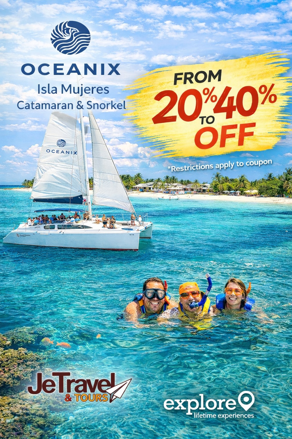 ADULTO ISLA MUJERES TOUR–ALL INCLUSIVE/Disfruta un increíble tour en catamarán Isla Mujeres con música, diversión y aguas turquesa,bebidas, ambiente festivo y tiempo para explorar la isla.Barralibre nacional,Snorkel/arrecife,Música y ambiente a bordo,Tiempo en Isla Mujeres,Buffet incluido🕘10:00y 13:00 PM⚠️ Impuesto de muelle de 20 USD por persona y menores check-in 9:30 AM / 12:30 PM en Playa Tortugas.Mujeres.🚐Transportación sujeta.💲extra. Enjoy allinclusive tour to Isla Mujeres with music, fun, and the turquoise waters.Spend an unforgettable day snorkeling, enjoying drinks, and exploring the island.National open bar,Reef snorkeling,Music and fun onboard, time in Isla Mujeres,Buffet included🕘10:00 and 13:00 PM⚠️ Dock fee of 20 USD per person and children/infants Check-in 9:30 AM / 12:30 PM at Playa Tortugas. dock.🚐💲Extra fee MANDATORIO CALL/LLAMAR FOR/PARA TICKET 📞 Reservations&Info:+529981895247📲/WhatsApp/SMS+529981956790 reservas@jetravel.mx